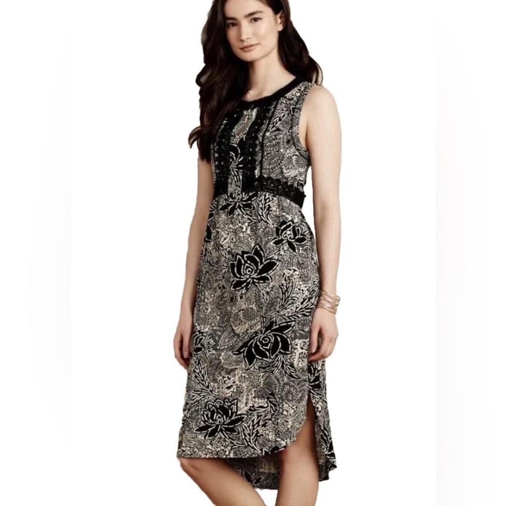 Anthropologie Black and Cream Floral High Low Dress